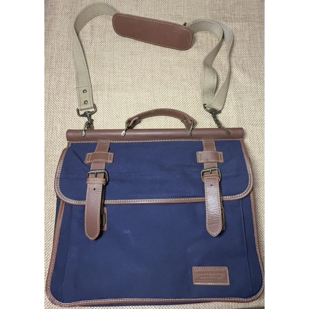 Tommy Hilfiger Navy Canvas Double Flap Over‎ Messenger Bag Leather Business Case